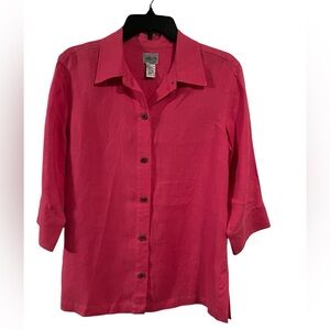 Chicos three-quarter length 100% linen pink size 1 or 8 button down collar top